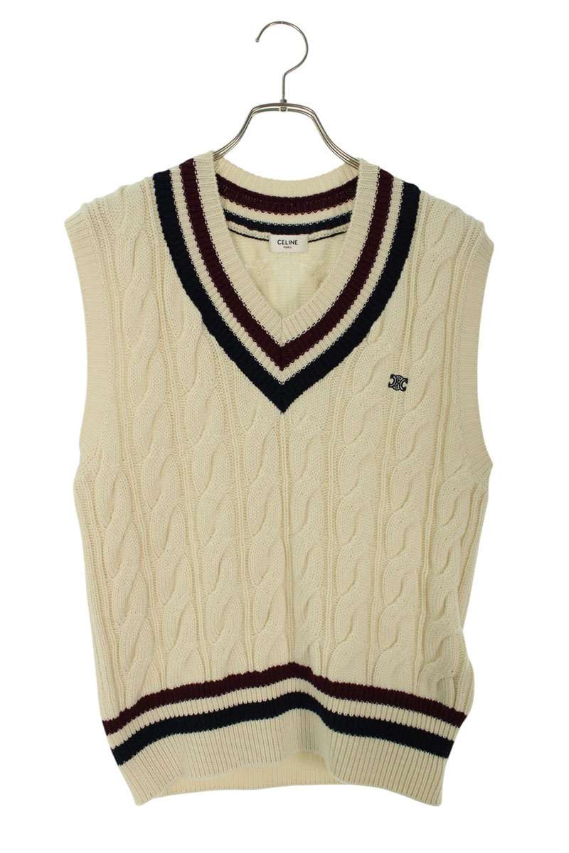 CELINE Triomphe V-Neck Cable Cashmere Vest White Size L