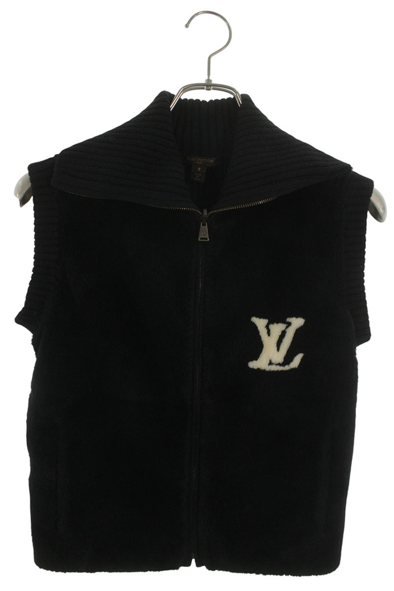 Louis Vuitton 09AW Logo Embroidered High Neck Fur Silk Vest Black Size S