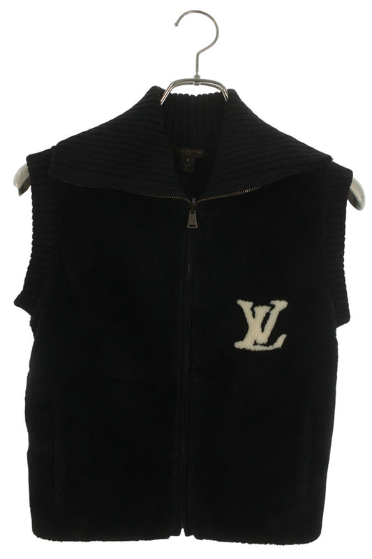 Louis Vuitton 09AW Logo Embroidered High Neck Fur Silk Vest Black Size S