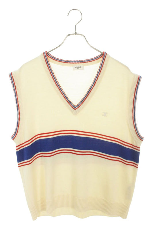 CELINE Triomphe Embroidered Wool Vest Beige Size XL