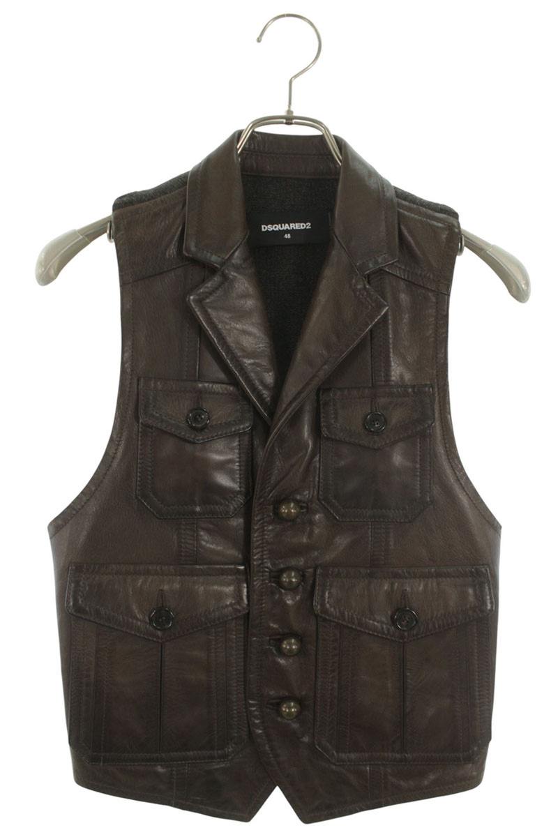 DSQUARED Knit Panel Leather Vest Brown Size M