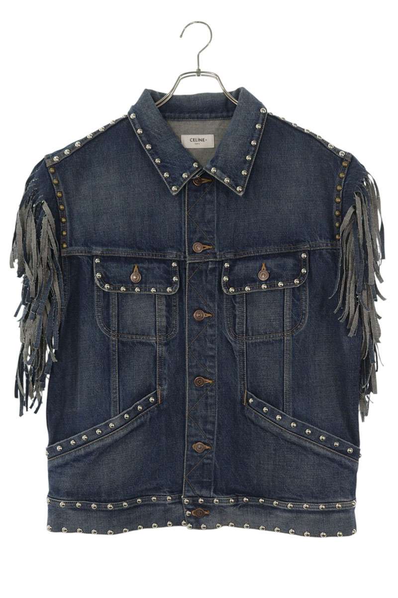 CELINE Studded Fringe Denim Vest Indigo Cotton Size L