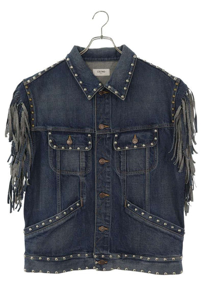 CELINE Studded Fringe Denim Vest Indigo Cotton Size L