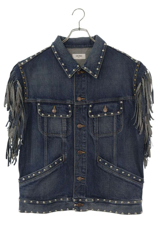 CELINE Studded Fringe Denim Vest Indigo Cotton Size L