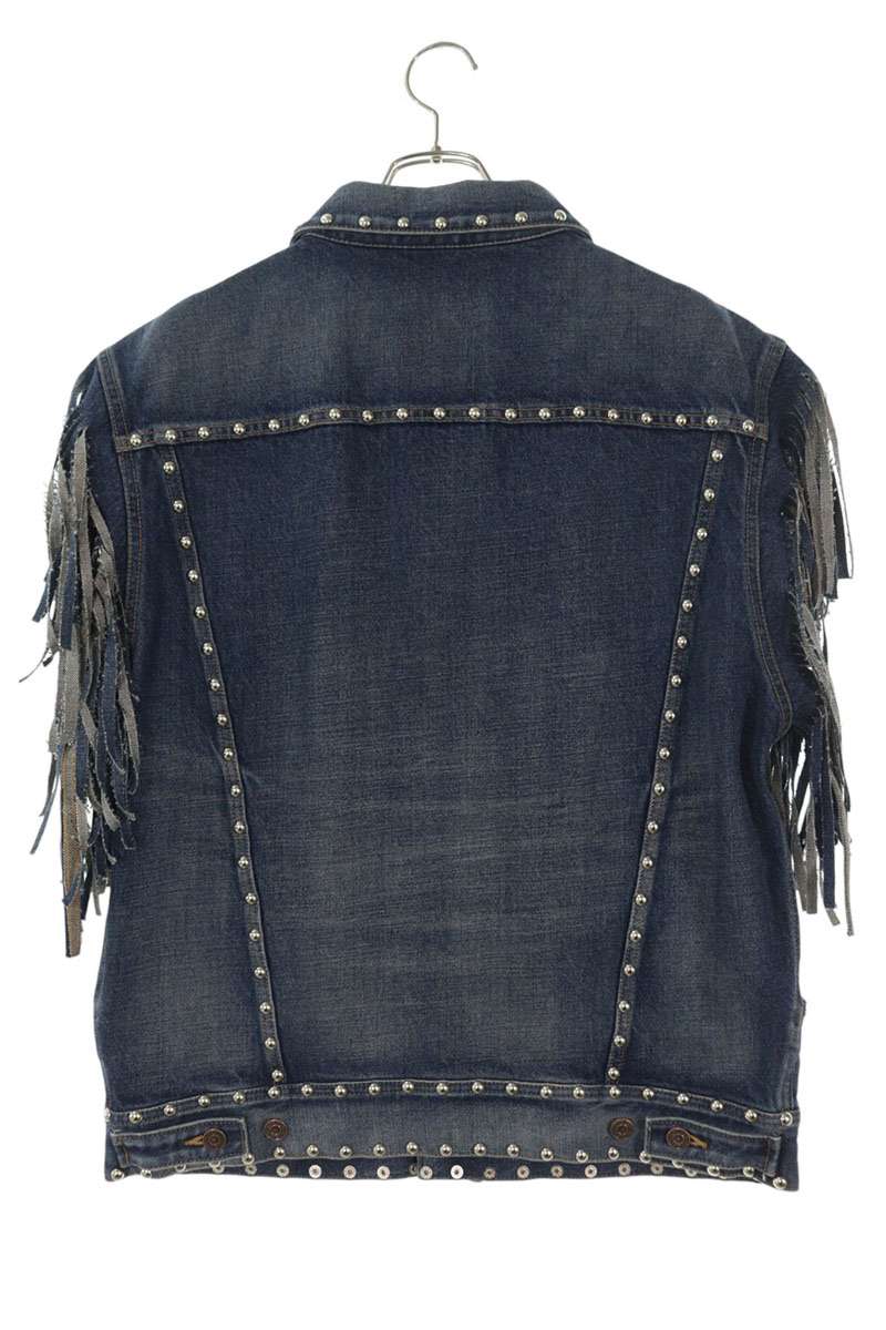 CELINE Studded Fringe Denim Vest Indigo Cotton Size L