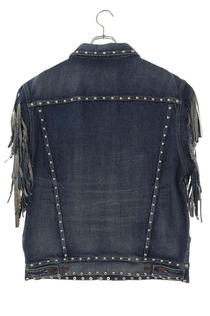 CELINE Studded Fringe Denim Vest Indigo Cotton Size L