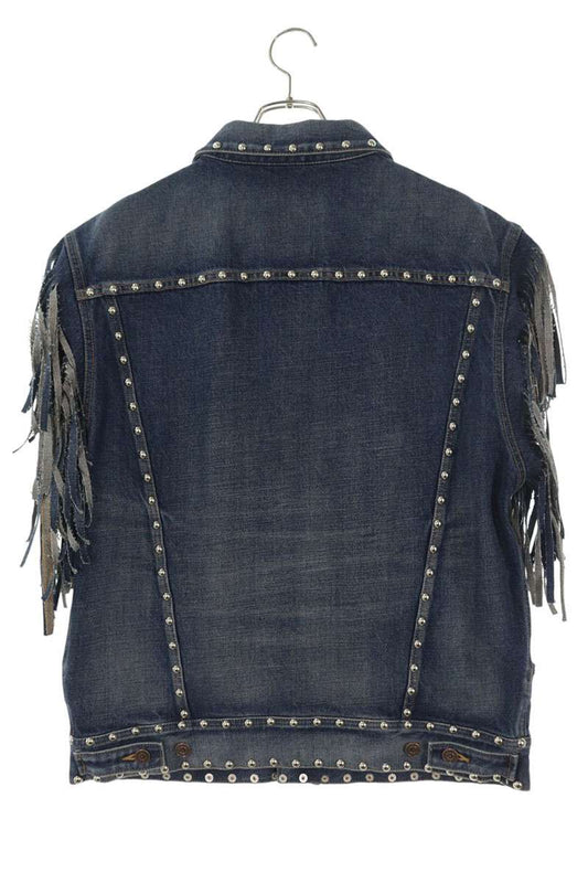 CELINE Studded Fringe Denim Vest Indigo Cotton Size L