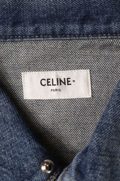 CELINE Studded Fringe Denim Vest Indigo Cotton Size L