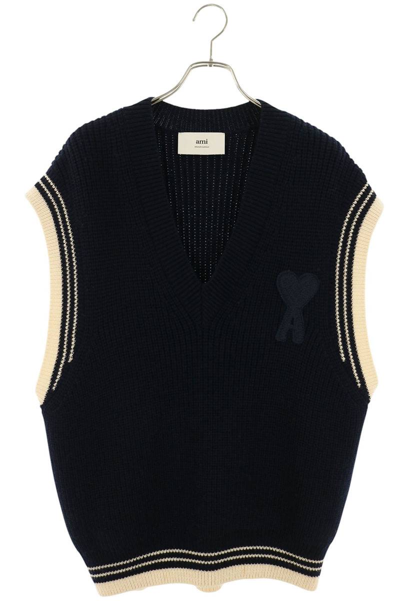 AMI Oversized Heart Logo Knit Vest Navy Size L