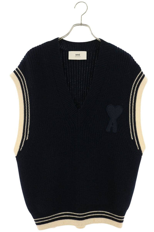 AMI Oversized Heart Logo Knit Vest Navy Size L