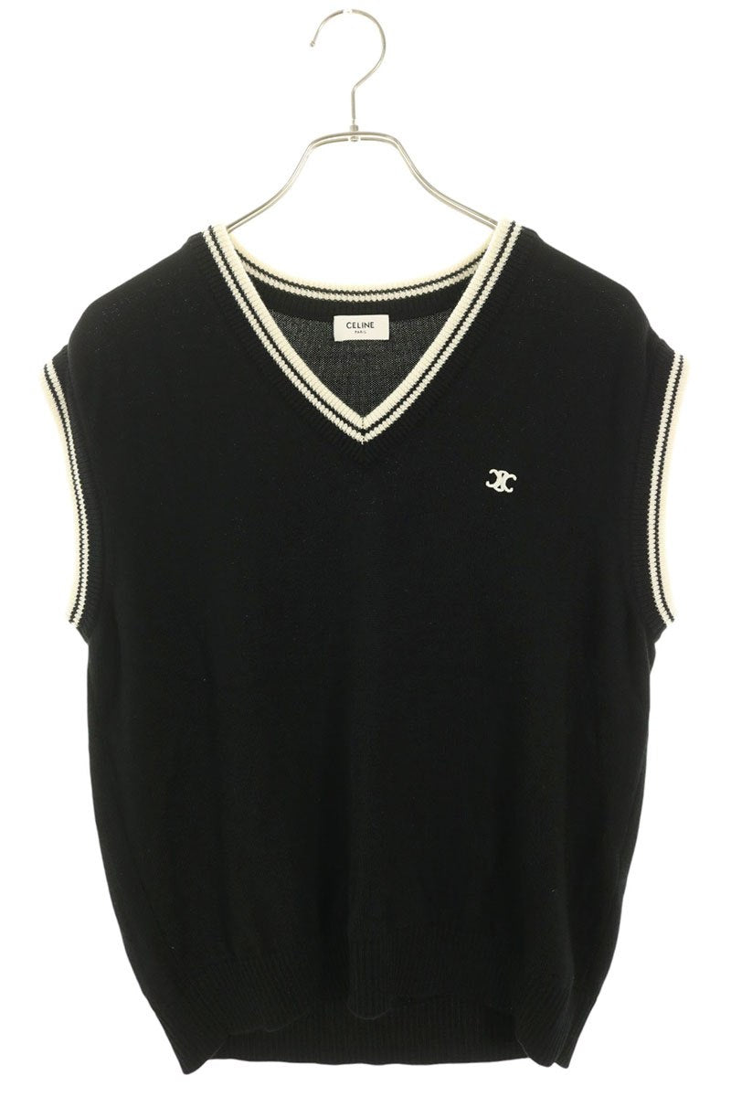 CELINE Triomphe V-Neck Wool Vest Black Size S