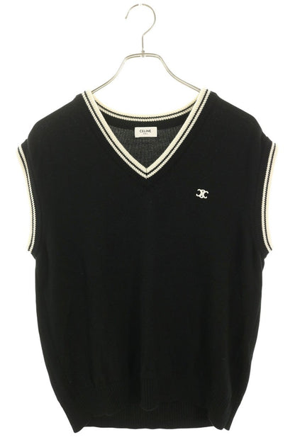 CELINE Triomphe V-Neck Wool Vest Black Size S