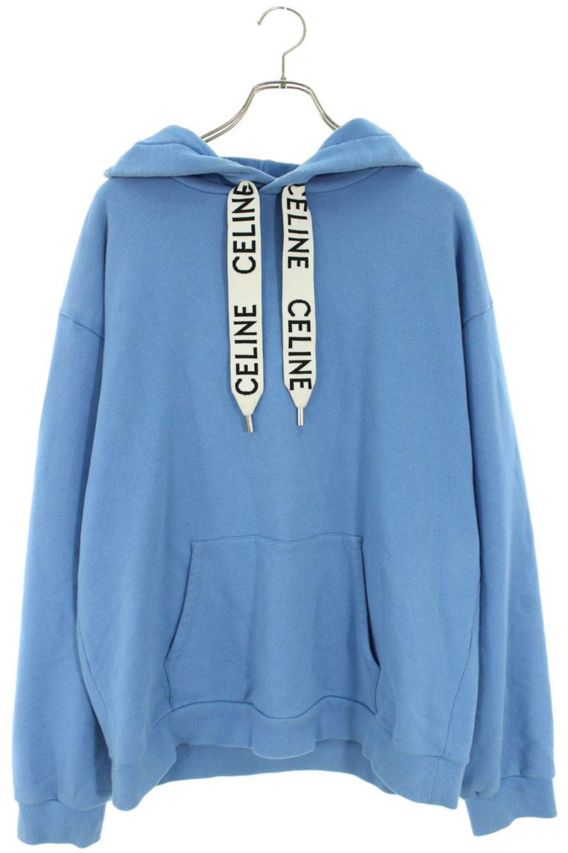 CELINE Logo Drawstring Pullover Hoodie Light Blue Size XXL