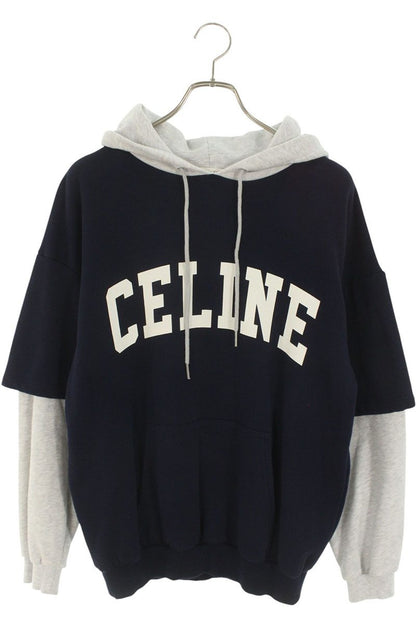 CELINE Logo Print Layered Hoodie Navy Gray Size XS