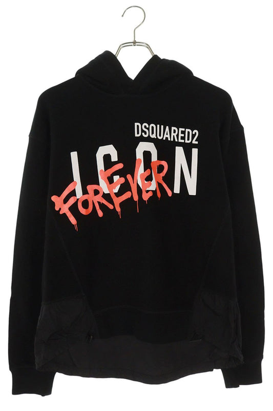 DSQUARED Front Print Nylon Panel Hoodie Black Size S