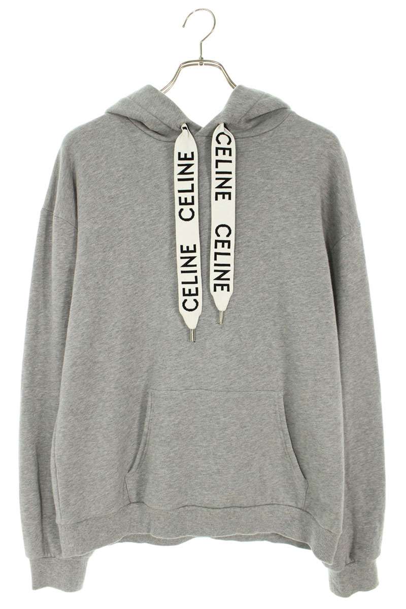 CELINE Logo Drawcord Pullover Hoodie Gray Size L