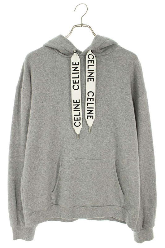 CELINE Logo Drawcord Pullover Hoodie Gray Size L