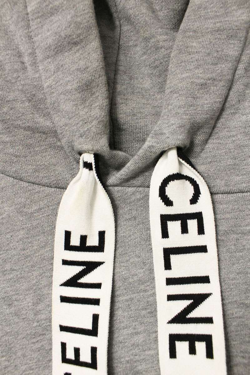 CELINE Logo Drawcord Pullover Hoodie Gray Size L
