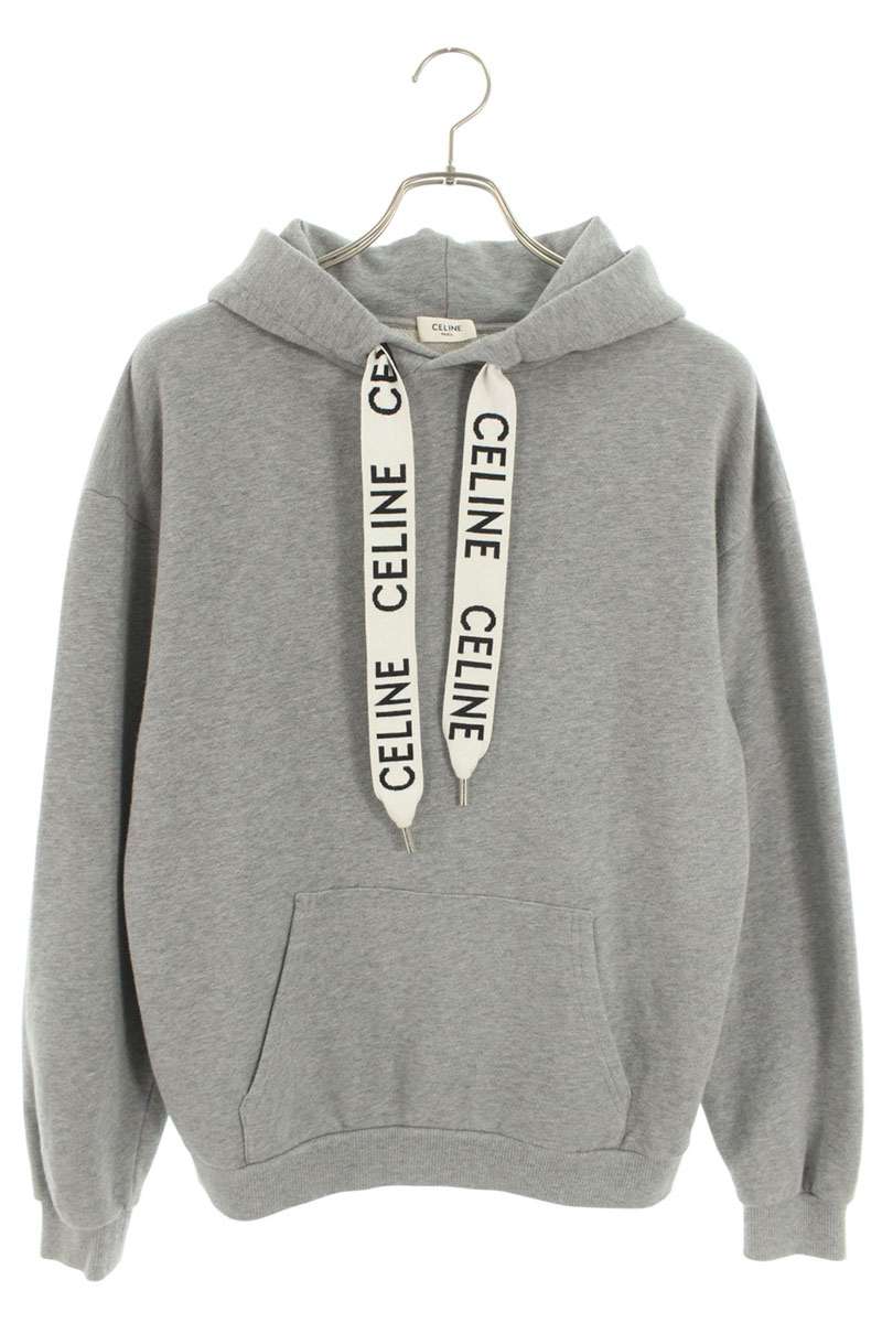 CELINE Logo Drawcord Pullover Hoodie Gray Size XS