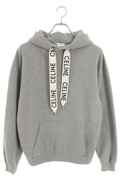 CELINE Logo Drawcord Pullover Hoodie Gray Size XS
