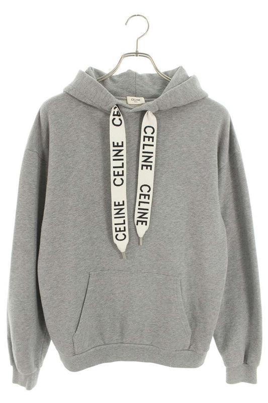 CELINE Logo Drawcord Pullover Hoodie Gray Size XS