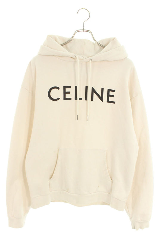 CELINE Logo Print Loose Hoodie Off-White Cotton Size XL