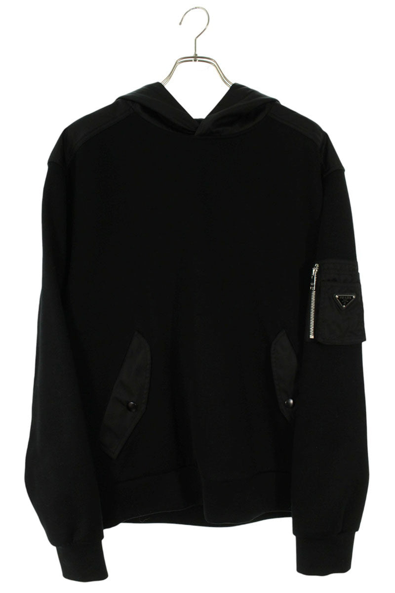 PRADA Nylon Flap Pocket Logo Plaque Hoodie Black Size M