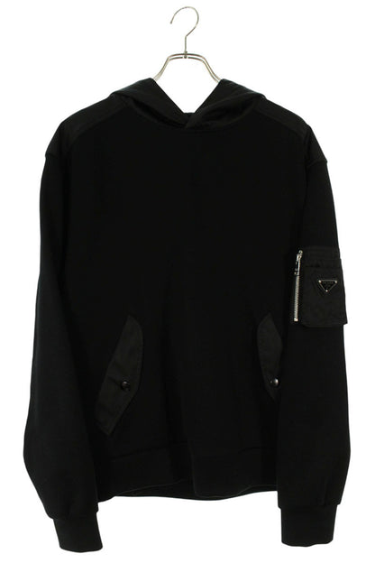 PRADA Nylon Flap Pocket Logo Plaque Hoodie Black Size M