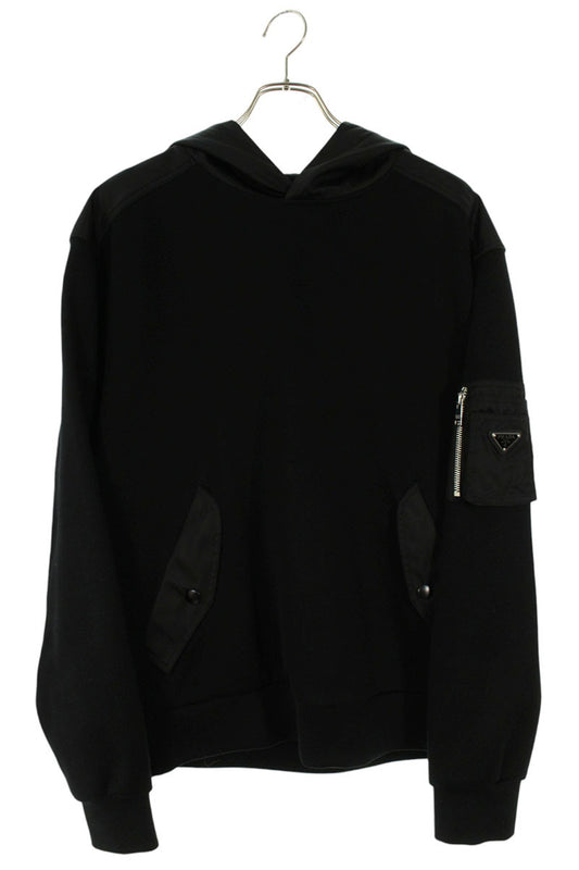 PRADA Nylon Flap Pocket Logo Plaque Hoodie Black Size M