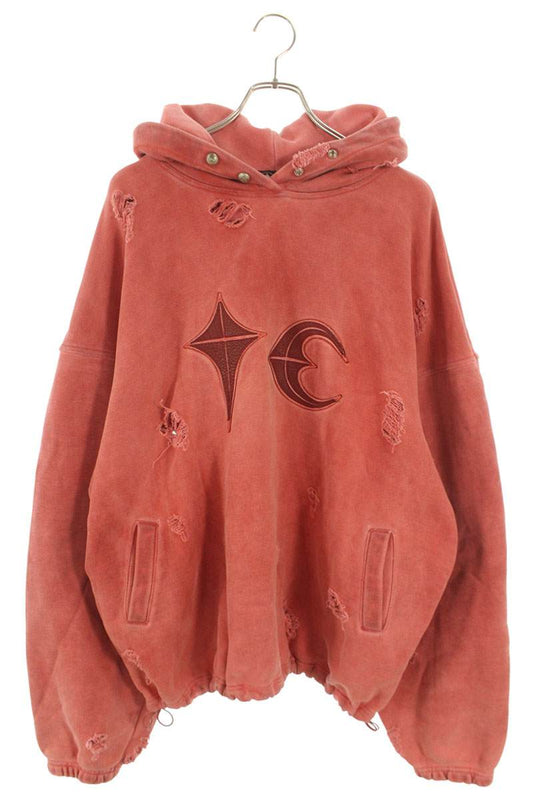 THUG CLUB 24SS Distressed Pullover Hoodie Red Size L