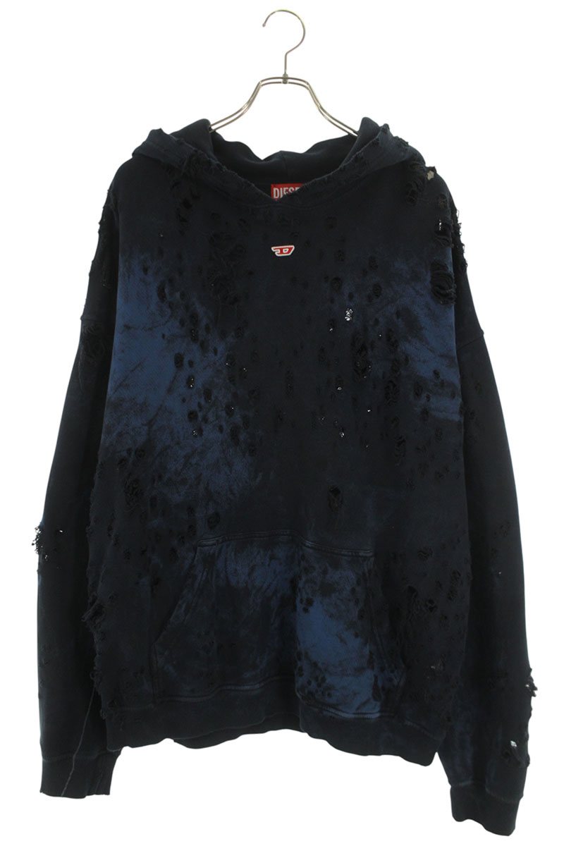 DIESEL Distressed Hoodie Black/Blue Size L