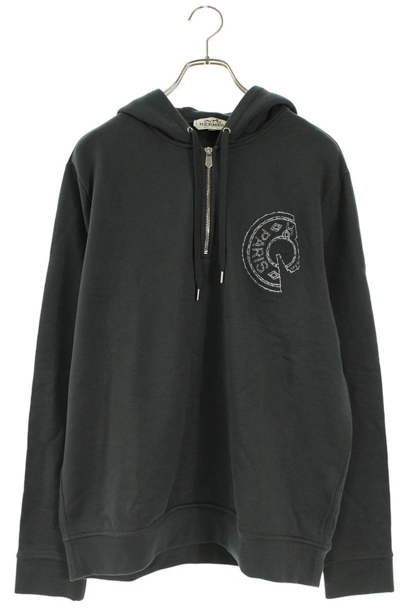 HERMES Clou de Selle Patch Half-Zip Hoodie Grey Size L