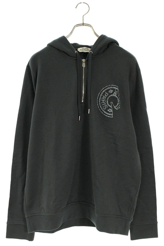 HERMES Clou de Selle Patch Half-Zip Hoodie Grey Size L