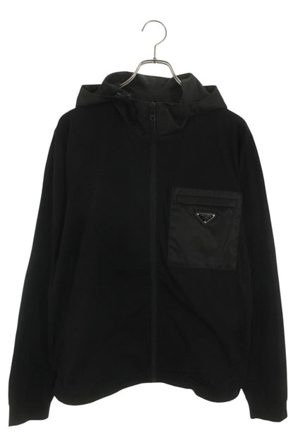 PRADA Nylon Panel Logo Plate Zip Hoodie Black Size L