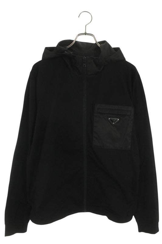 PRADA Nylon Panel Logo Plate Zip Hoodie Black Size L