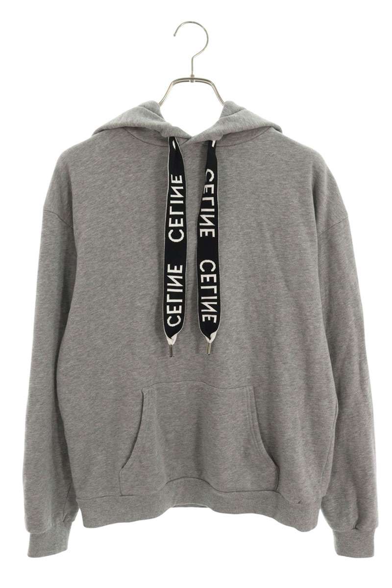 CELINE Logo Drawcord Pullover Hoodie Gray Size S