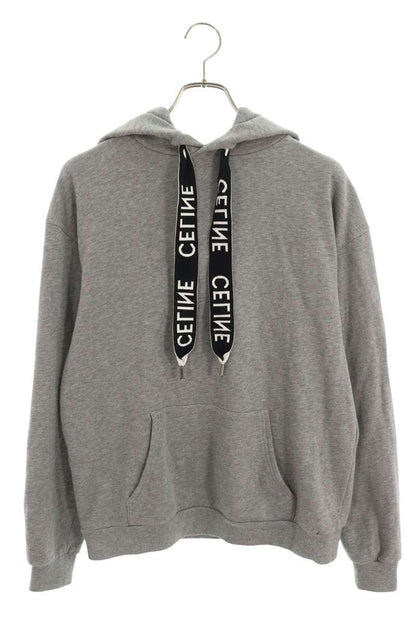 CELINE Logo Drawcord Pullover Hoodie Gray Size S