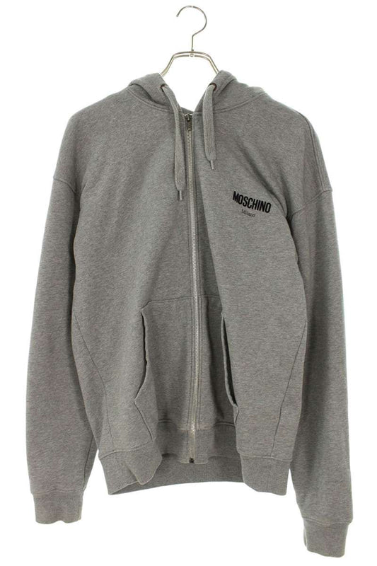 MOSCHINO Logo Print Zip-Up Hoodie Gray Size S