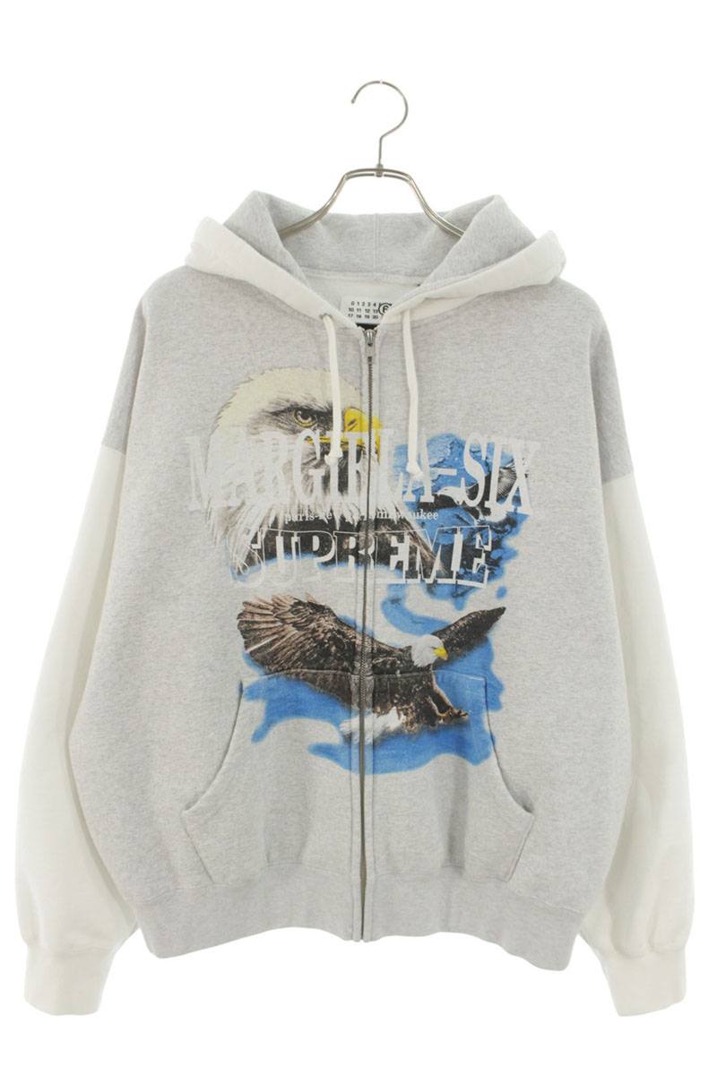 MM6 26SS Eagle Zip Up Hooded Sweatshirt Gray x White Size M