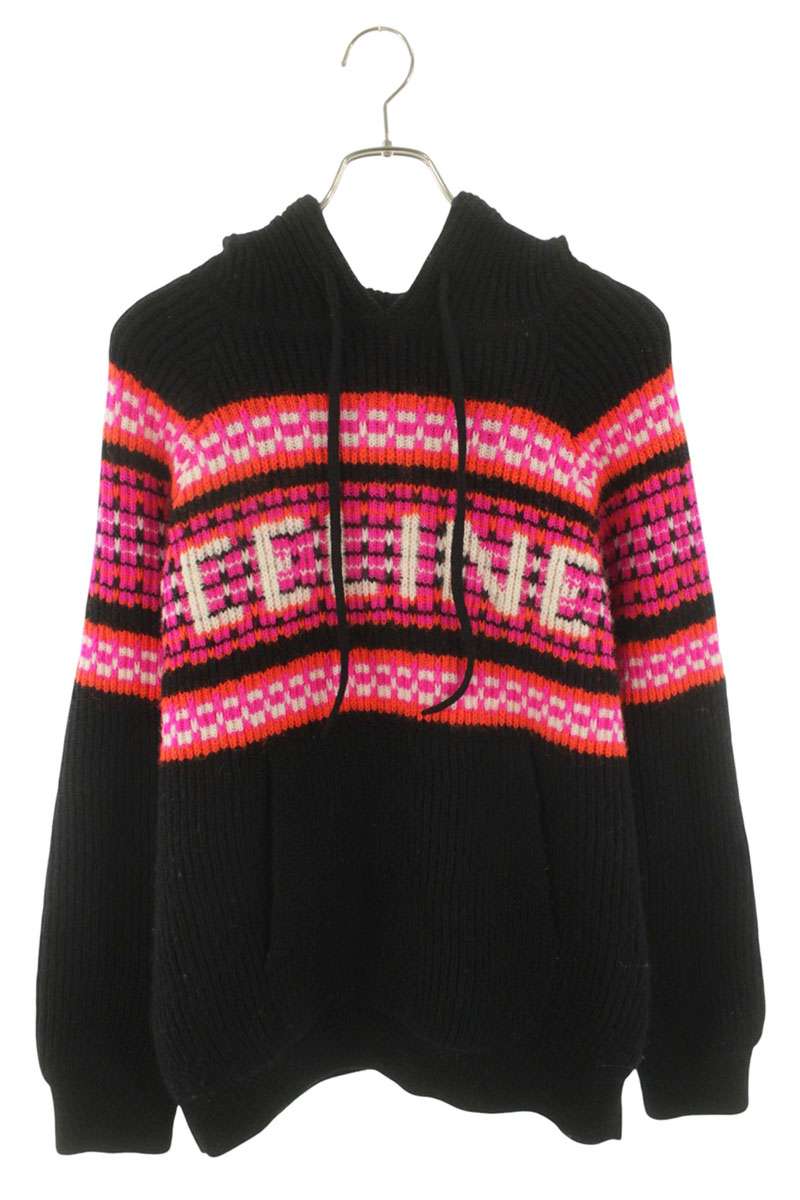 CELINE Logo Knit Hoodie Black Wool Size S