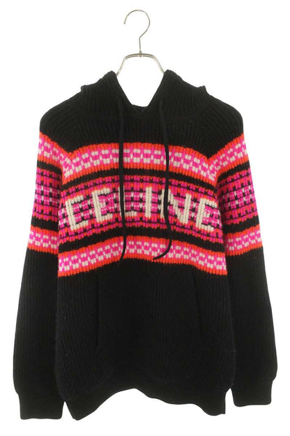 CELINE Logo Knit Hoodie Black Wool Size S