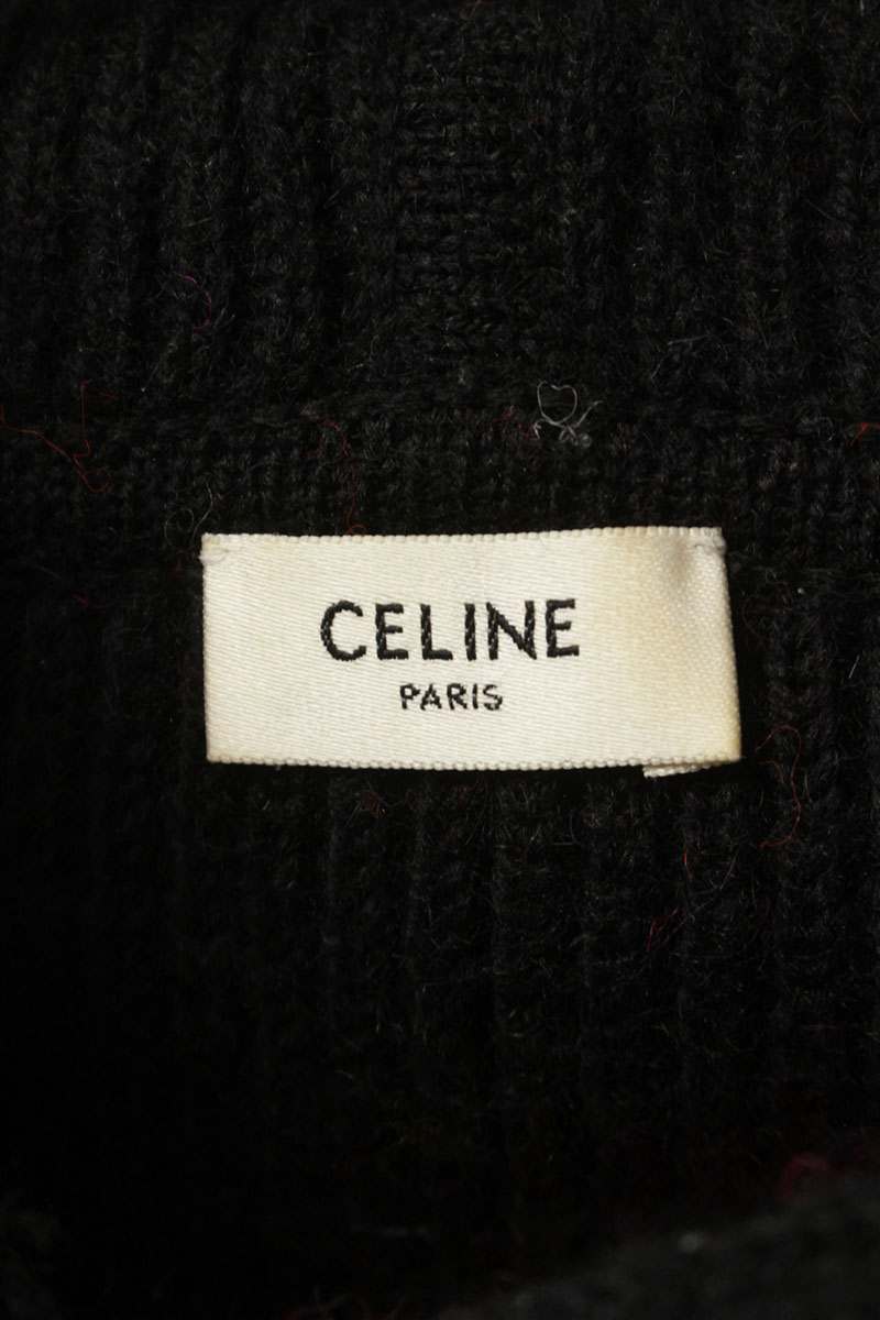 CELINE Logo Knit Hoodie Black Wool Size S