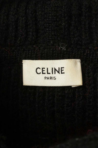 CELINE Logo Knit Hoodie Black Wool Size S