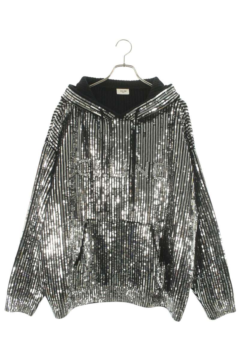CELINE Boy Doll Sequin Wool Hoodie Silver Size M