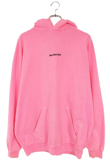 BALENCIAGA Distressed Logo Print Hoodie Pink Size M