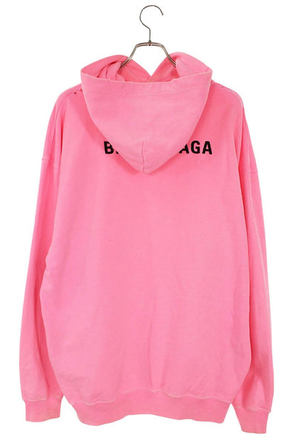 BALENCIAGA Distressed Logo Print Hoodie Pink Size M
