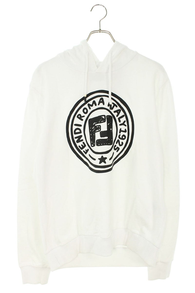 FENDI Logo Print Pullover Hoodie White Size L