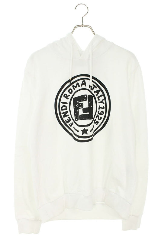 FENDI Logo Print Pullover Hoodie White Size L