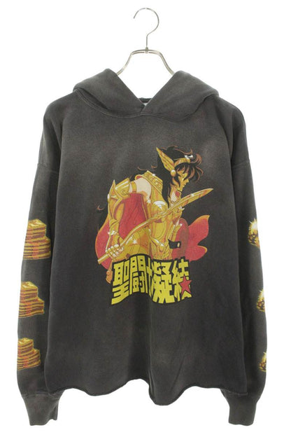 Saint Michael Print Distressed Hoodie Black Size XL