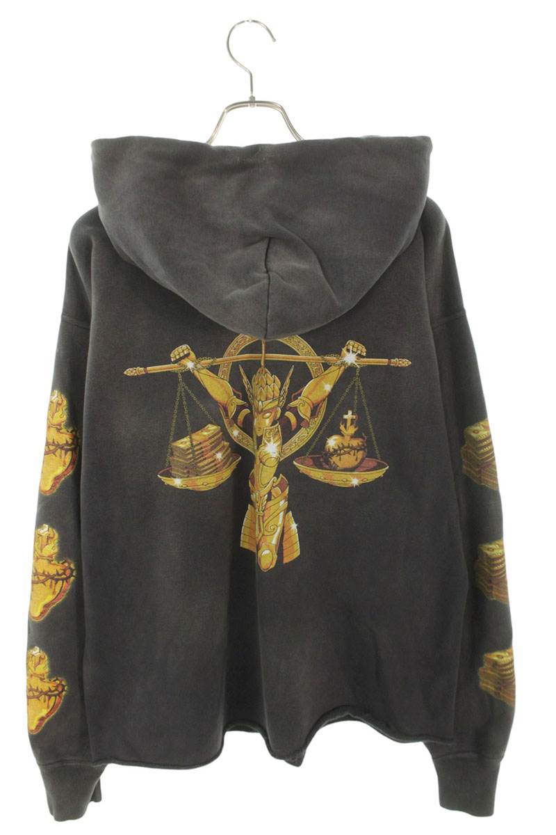 Saint Michael Print Distressed Hoodie Black Size XL